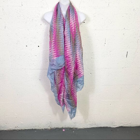 SilkLine Accessories - SilkLine 100% silk pink blue and tan geometric print long scarf wrap